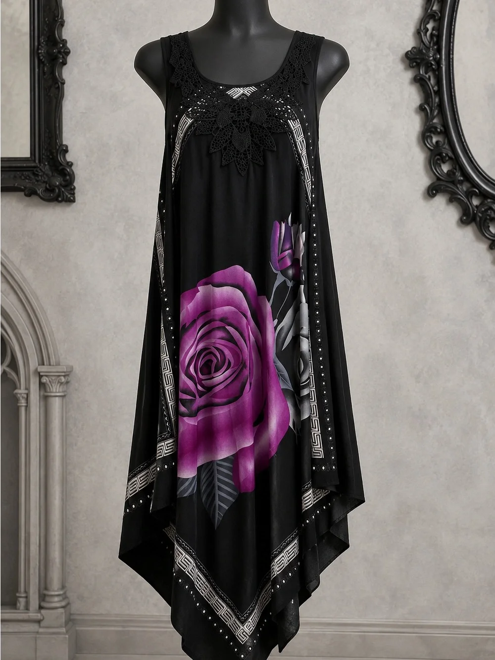 Black Sleeveless Handkerchief Hem Dress with Purple Rose